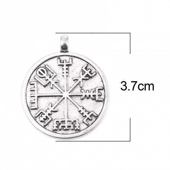 Picture of Brass Pendants Round Antique Silver Color Travel Compass 37mm(1 4/8") x 30mm(1 1/8"), 1 Piece                                                                                                                                                                 