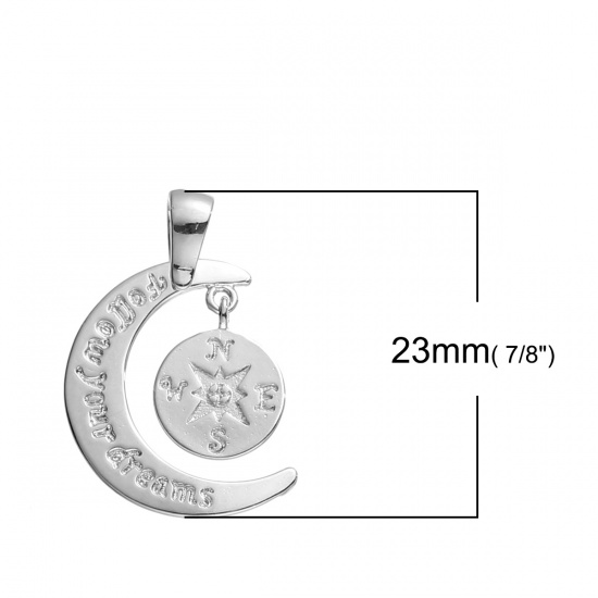 Picture of Brass Charms Travel Compass Silver Tone Moon Message " Follow Your Dreams " Carved 28mm(1 1/8") x 17mm( 5/8"), 1 Piece