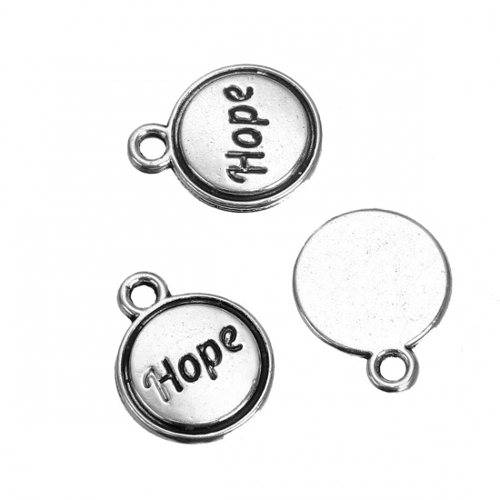 Immagine di Lega di Zinco Charms Tondo Argento Antico Lettere " Hope " 14mm x 11mm , 50 Pz