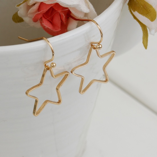 Picture of Earrings Gold Plated Pentagram Star Hollow 27mm(1 1/8") x 18mm( 6/8"), Post/ Wire Size: (21 gauge), 1 Pair