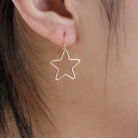 Picture of Earrings Gold Plated Pentagram Star Hollow 27mm(1 1/8") x 18mm( 6/8"), Post/ Wire Size: (21 gauge), 1 Pair