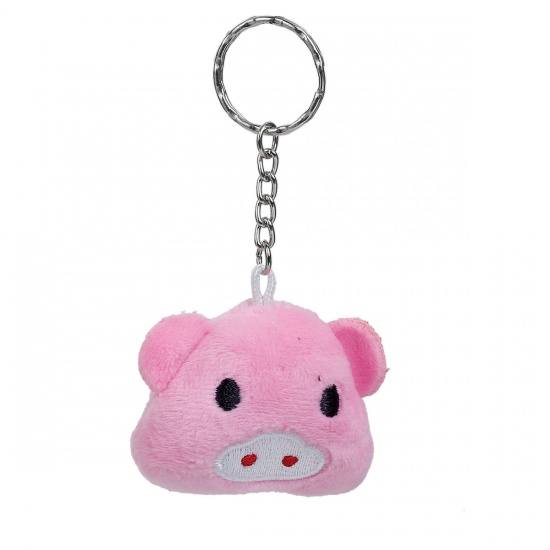 Picture of Plush Keychain & Keyring Round Silver Tone Pink Pattern Carved 10cm x 5.3cm, 1 Piece