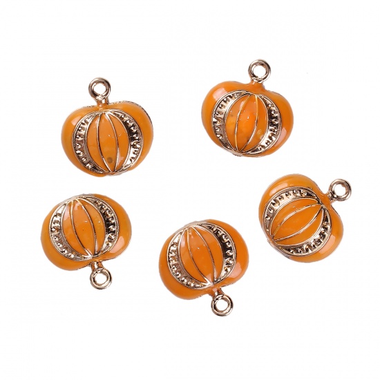 Picture of Zinc Based Alloy Halloween Charms Pumpkin Gold Plated Orange (Can Hold ss4 Pointed Back Rhinestone) Enamel 21mm( 7/8") x 20mm( 6/8"), 3 PCs