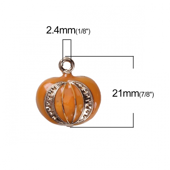 Picture of Zinc Based Alloy Halloween Charms Pumpkin Gold Plated Orange (Can Hold ss4 Pointed Back Rhinestone) Enamel 21mm( 7/8") x 20mm( 6/8"), 3 PCs