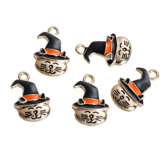 Picture of Zinc Based Alloy Halloween Charms Cat Animal Gold Plated Black Hat Enamel 24mm(1") x 15mm( 5/8"), 5 PCs