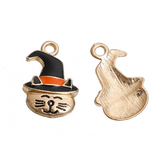 Picture of Zinc Based Alloy Halloween Charms Cat Animal Gold Plated Black Hat Enamel 24mm(1") x 15mm( 5/8"), 5 PCs