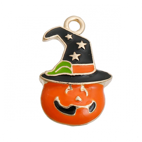 Immagine di Lega di Zinco Halloween Charms Halloween Zucca Oro Placcato Arancione Cappello Smalto 27mm x 17mm , 3 Pz