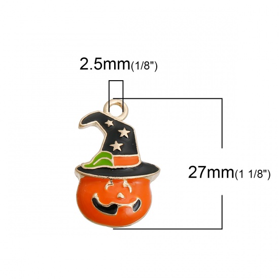 Picture of Zinc Based Alloy Halloween Charms Pumpkin Gold Plated Orange & Black Hat Enamel 27mm(1 1/8") x 17mm( 5/8"), 3 PCs