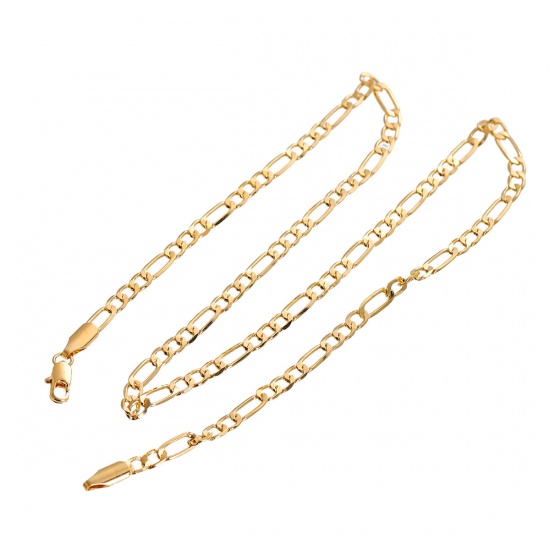 Picture of Brass Jewelry 3:1 Figaro Link Curb Chain Necklace Oval Gold Plated 55.5cm(21 7/8") long, Chain Size: 11x4mm(3/8"x1/8") 7x4.5mm(2/8"x1/8"), 1 Piece                                                                                                            