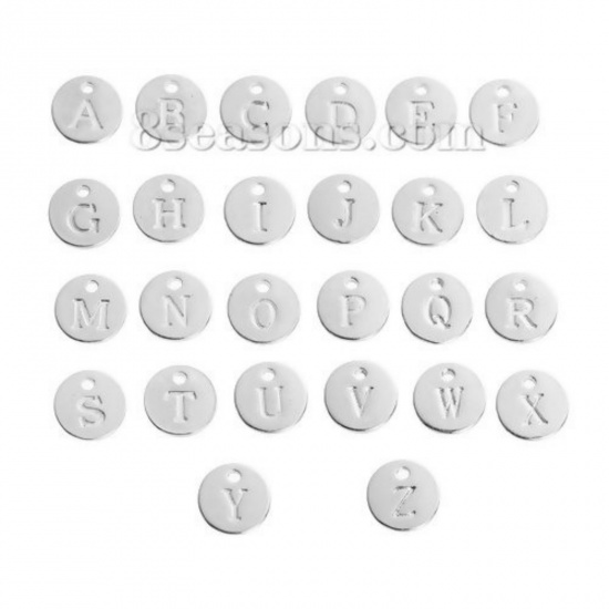 Picture of Zinc Based Alloy Charms Round Silver Plated Mixed Initial Alphabet/ Letter " A-Z " 12mm( 4/8") Dia, 26 PCs