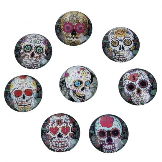 Picture of Glass Day Of The Dead Dome Seals Cabochon Sugar Skull Flatback At Random Round Transparent 25mm(1") Dia, 10 PCs