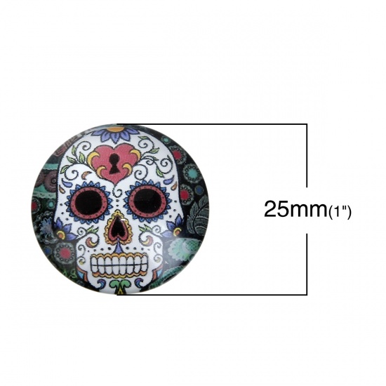 Picture of Glass Day Of The Dead Dome Seals Cabochon Sugar Skull Flatback At Random Round Transparent 25mm(1") Dia, 10 PCs