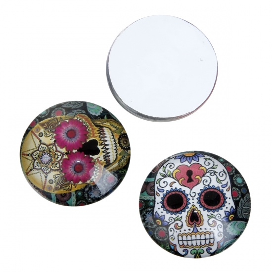 Picture of Glass Day Of The Dead Dome Seals Cabochon Sugar Skull Flatback At Random Round Transparent 25mm(1") Dia, 10 PCs
