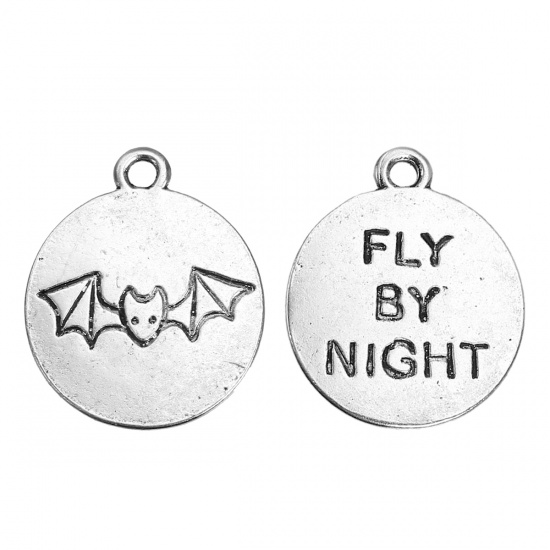 Picture of Zinc Based Alloy Halloween Charms Bat Animal Antique Silver Color Message " Fly By Night " Carved 23mm( 7/8") x 20mm( 6/8"), 10 PCs
