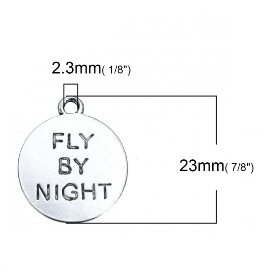 Picture of Zinc Based Alloy Halloween Charms Bat Animal Antique Silver Color Message " Fly By Night " Carved 23mm( 7/8") x 20mm( 6/8"), 10 PCs