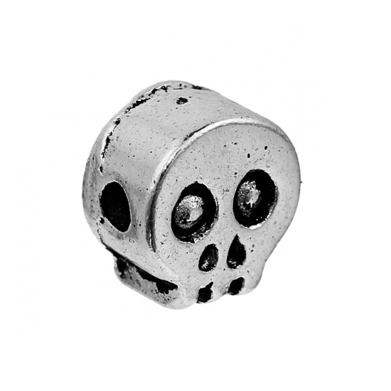 Picture of Zinc Based Alloy Halloween Spacer Beads Skull Antique Silver Color 7mm x 7mm, Hole: Approx 1.7mm, 20 PCs