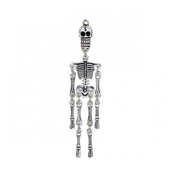 Picture of Zinc Based Alloy Halloween Pendants Skeleton Skull Antique Silver Color 97mm(3 7/8") x 22mm( 7/8"), 2 PCs