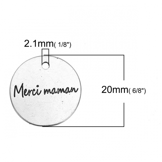 Picture of Zinc Based Alloy Charms Round Antique Silver Message " Merci Maman " Carved 20mm( 6/8") Dia, 10 PCs