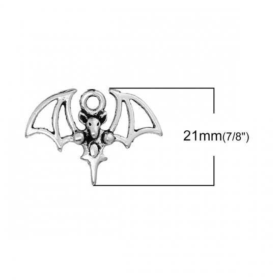 Picture of Zinc Based Alloy Halloween Charms Bat Animal Antique Silver Color 21mm( 7/8") x 15mm( 5/8"), 20 PCs