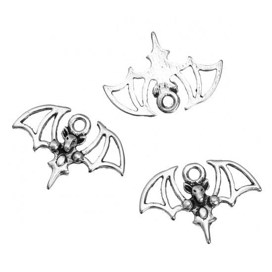 Picture of Zinc Based Alloy Halloween Charms Bat Animal Antique Silver Color 21mm( 7/8") x 15mm( 5/8"), 20 PCs