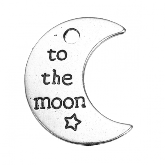 Imagen de Zamak Colgantes Charms Luna Media Plata Antigua Mensaje " To The Moon " 25mm x 20mm, 10 Unidades