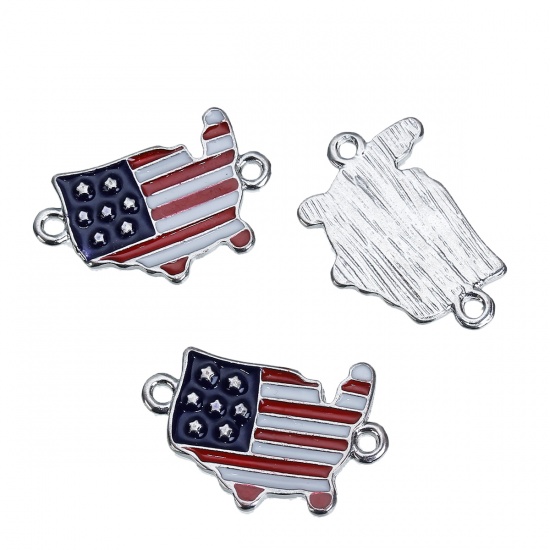 Picture of Zinc Based Alloy Travel Silhouette Map Connectors Findings USA/ America Silver Tone Red & Blue National flag Carved Enamel 24mm x 16mm, 3 PCs