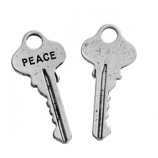 Picture of Zinc Based Alloy Charms Key Antique Silver Color Message " Peace " Carved 25mm(1") x 12mm( 4/8"), 20 PCs