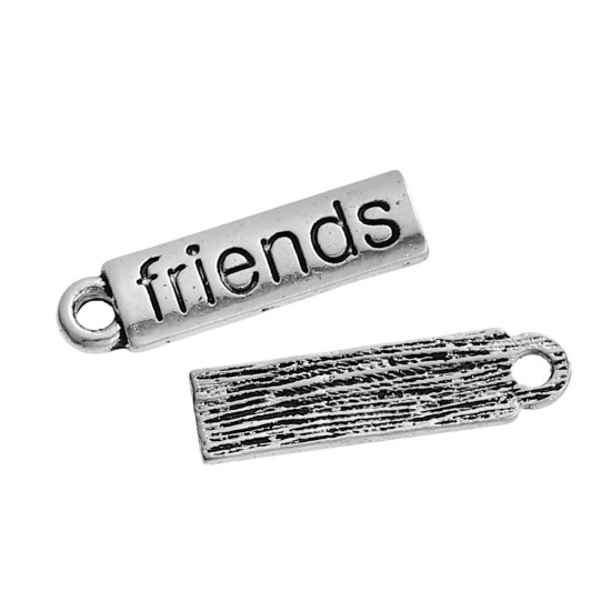Picture of Zinc Based Alloy Charms Rectangle Antique Silver Color Message " Friends " Carved 20mm( 6/8") x 5mm( 2/8"), 20 PCs