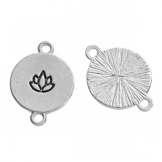 Picture of Zinc Based Alloy Connectors Findings Round Silver Tone Lotus Flower Carved 20mm x 15mm, 5 PCs