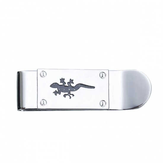 Picture of 304 Stainless Steel Money Clip Rectangle Silver Tone Black Gecko Enamel 52mm(2") x 16mm( 5/8"), 1 Piece