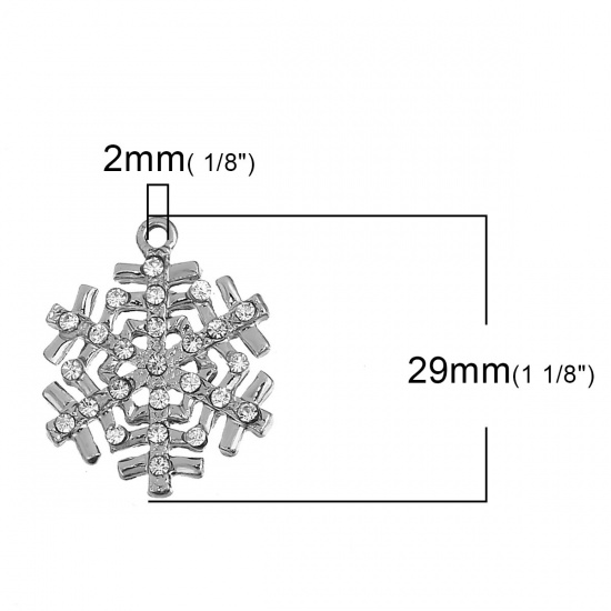 Picture of Zinc Based Alloy Charms Christmas Snowflake Silver Tone Clear Rhinestone 29mm(1 1/8") x 24mm(1"), 3 PCs