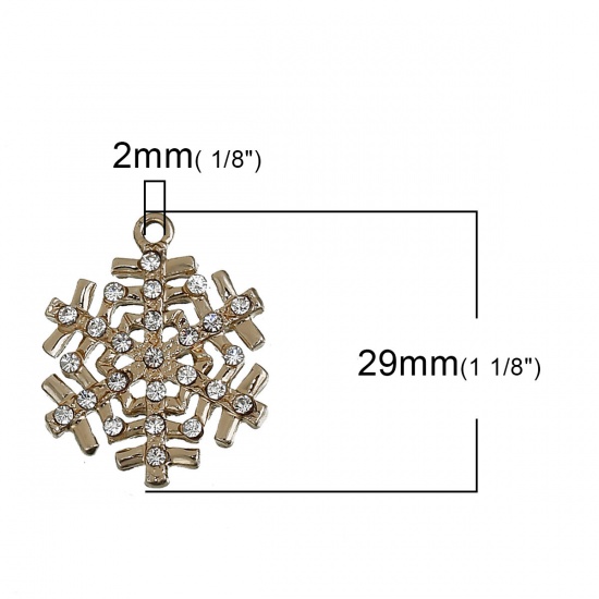 Picture of Zinc Based Alloy Charms Christmas Snowflake Gold Plated Clear Rhinestone 29mm(1 1/8") x 24mm(1"), 3 PCs