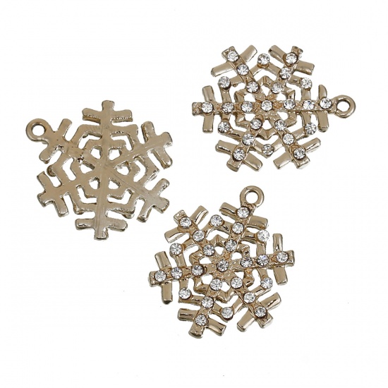 Picture of Zinc Based Alloy Charms Christmas Snowflake Gold Plated Clear Rhinestone 29mm(1 1/8") x 24mm(1"), 3 PCs