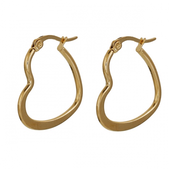Picture of 304 Stainless Steel Hoop Earrings Gold Plated Heart 29mm(1 1/8") x 23mm( 7/8"), Post/ Wire Size: (20 gauge), 1 Pair
