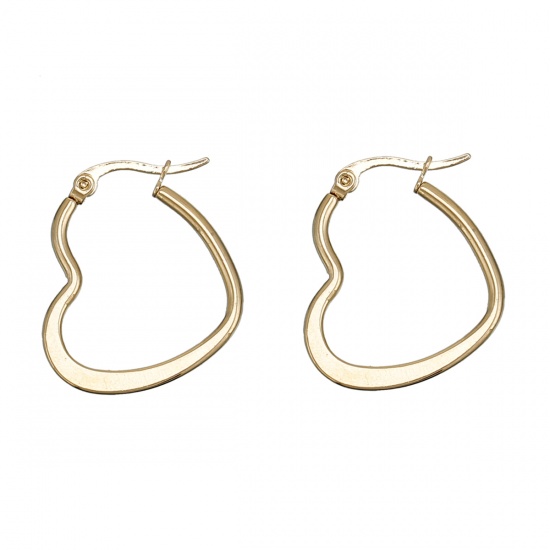Imagen de 304 Acero Inoxidable Pendientes Círculos Chapado en Oro Corazón 29mm x 23mm, Post/ Wire Size: (20 gauge),1 Par