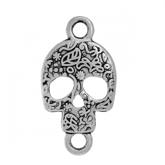 Image de Connecteur de Bijoux en Alliage de Zinc Jour des Morts Crâne Mexicain Argent Vieilli 29mm x 16mm, 10 Pcs