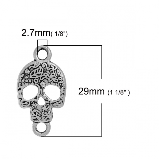 Image de Connecteur de Bijoux en Alliage de Zinc Jour des Morts Crâne Mexicain Argent Vieilli 29mm x 16mm, 10 Pcs