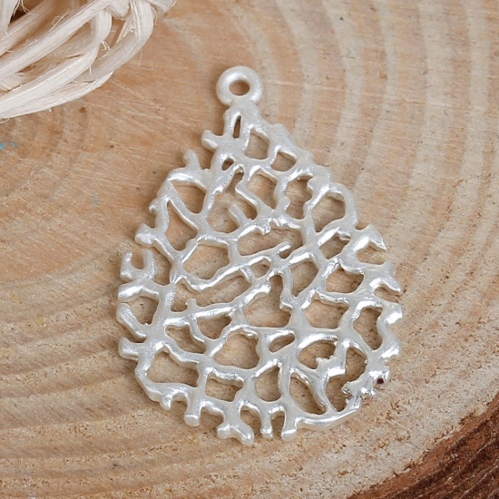 Imagen de Latón Colgantes Charms Gota Argentado Rama Hueco 28mm x 18mm, 3 Unidades
