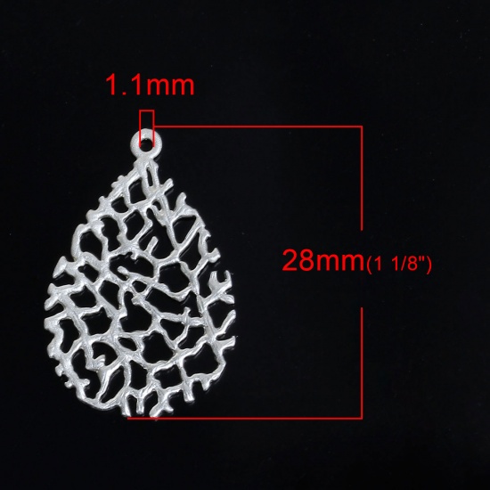 Imagen de Latón Colgantes Charms Gota Argentado Rama Hueco 28mm x 18mm, 3 Unidades