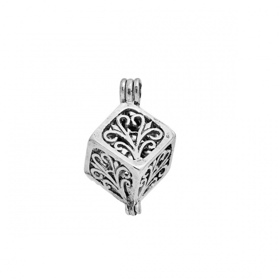 Picture of Brass Aromatherapy Essential Oil Diffuser Locket Pendants Cube Antique Silver Color Filigree Can Open (Fit 14mm Dia) 28mm x19mm(1 1/8" x 6/8") - 26mm x18mm(1" x 6/8"), 2 PCs