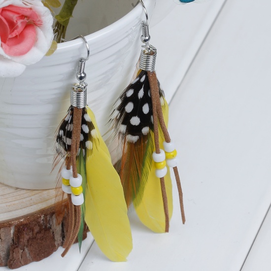 Picture of Natural Feather Tassel Earrings White & Yellow 10.2cm(4") long, Post/ Wire Size: (21 gauge), 1 Pair