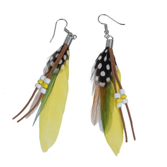 Picture of Natural Feather Tassel Earrings White & Yellow 10.2cm(4") long, Post/ Wire Size: (21 gauge), 1 Pair