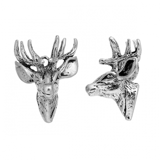 Picture of Zinc Based Alloy 3D Charms Christmas Reindeer Antique Silver Color 29mm x23mm(1 1/8" x 7/8") - 29mm x21mm(1 1/8" x 7/8"), 2 PCs
