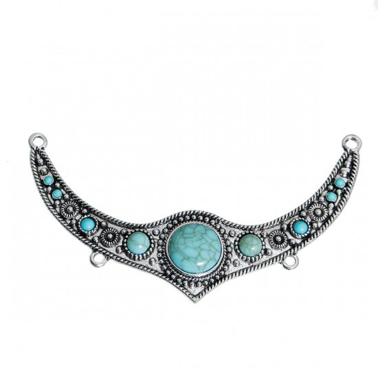 Picture of Zinc Based Alloy Boho Chic Connectors Findings Horn-shaped Antique Silver Color Green Imitation Turquoise 11.5cm x 6.2cm, 1 Piece