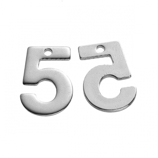 Immagine di 304 Acciaio Inossidabile Charms Tono Argento Numero " 5 " 11mm x 7.5mm , 30 Pz