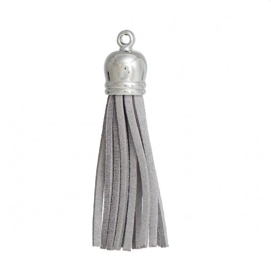 Picture of Polyester Tassel Pendants Silver Tone Gray About 59mm(2 3/8") x 12mm( 4/8"), 10 PCs