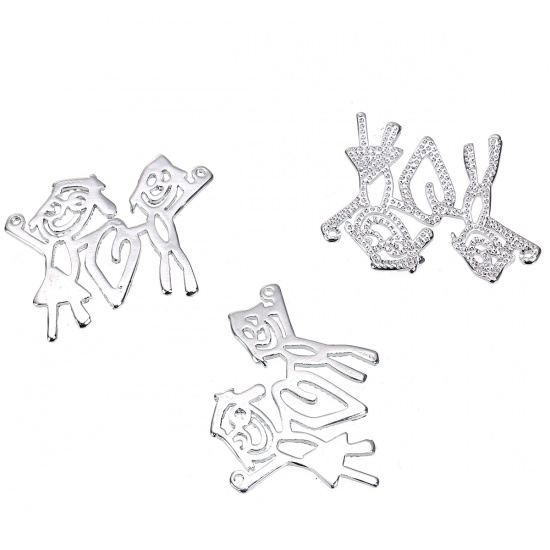 Picture of Brass Kids Art Doodles Children Drawing Jewelry Connectors Findings Boy & Girl Lover Silver Tone Hollow 27mm(1 1/8") x 20mm( 6/8"), 1 Piece                                                                                                                   