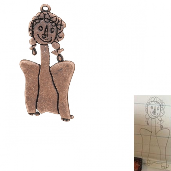 真鍮 DIY 落書き デザイン ペンダント 赤銅色 女の子 34mmx 15mm、 1 個                                                                                                                                                                                                                  の画像