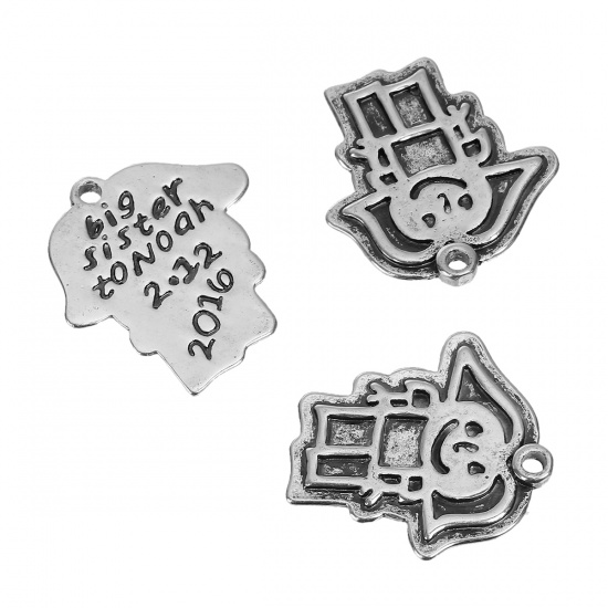 Bild von Kinder Kunst Gekritzel Kinderzeichnung Schmuck Messing Charms Mädchen Antiksilber Message " Big Sister To Noah 2.12 2016 " 26mm x 24mm, 1 Stück