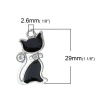 Picture of Zinc Based Alloy Halloween Charms Cat Animal Silver Tone Clear Rhinestone Black Enamel 29mm(1 1/8") x 16mm( 5/8"), 5 PCs